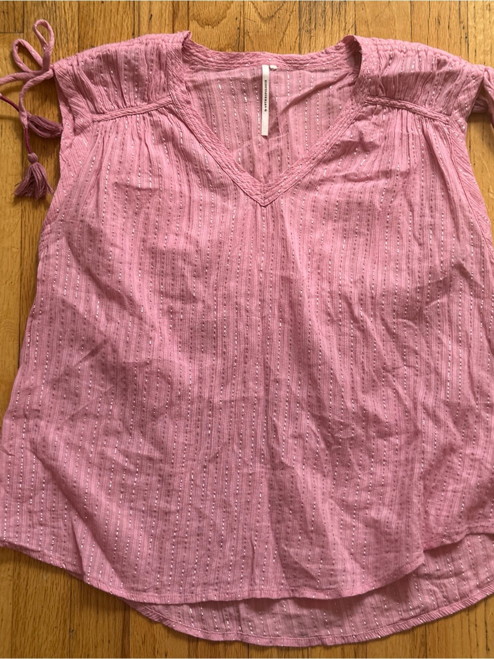 Anthropologie Pink V-Neck Tie-Sleeve Blouse